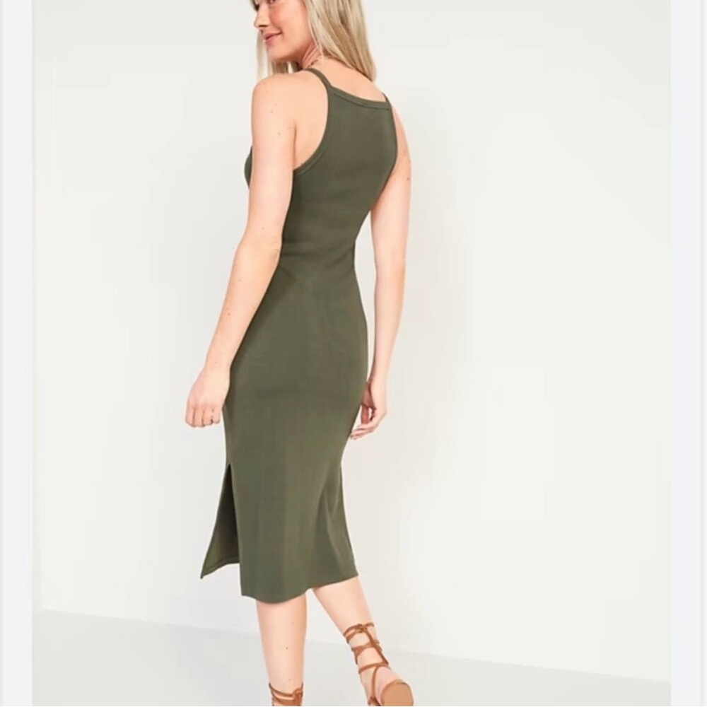 Olive Green Ribbed Midi Dress - Picture 2 of 5